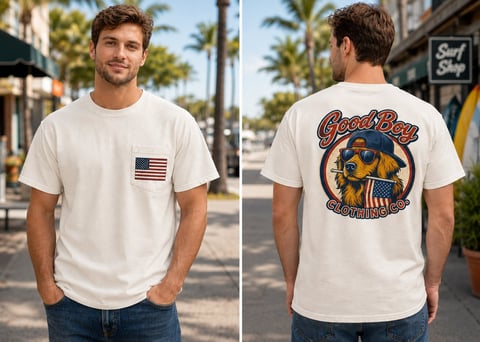Man wearing white t-shirt with American flag on front and Good Boy graphic on back, standing on palm tree-lined street