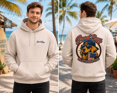 Man wearing cream-colored Good Boy hoodie shown from front and back views with beach and palm trees in background