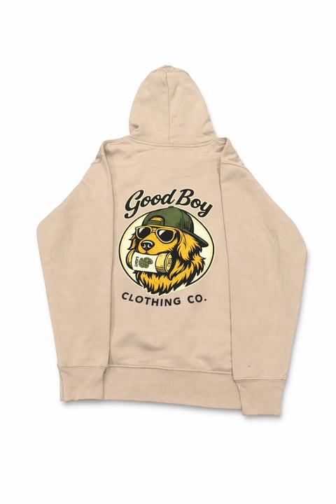 Beige hoodie with Good Boy Clothing Co. graphic featuring cartoon dog wearing sunglasses and military cap on back